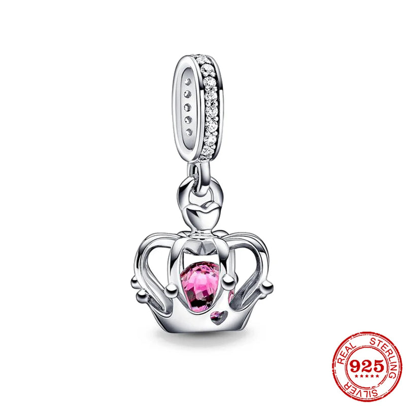 Berloque Coroa Real com Coração Rosa em Prata 925