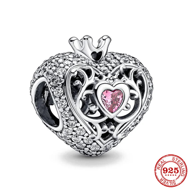 Berloque Coração com Coroa – Prata 925 com Cristal Rosa para Celebrar o Amor com Realeza